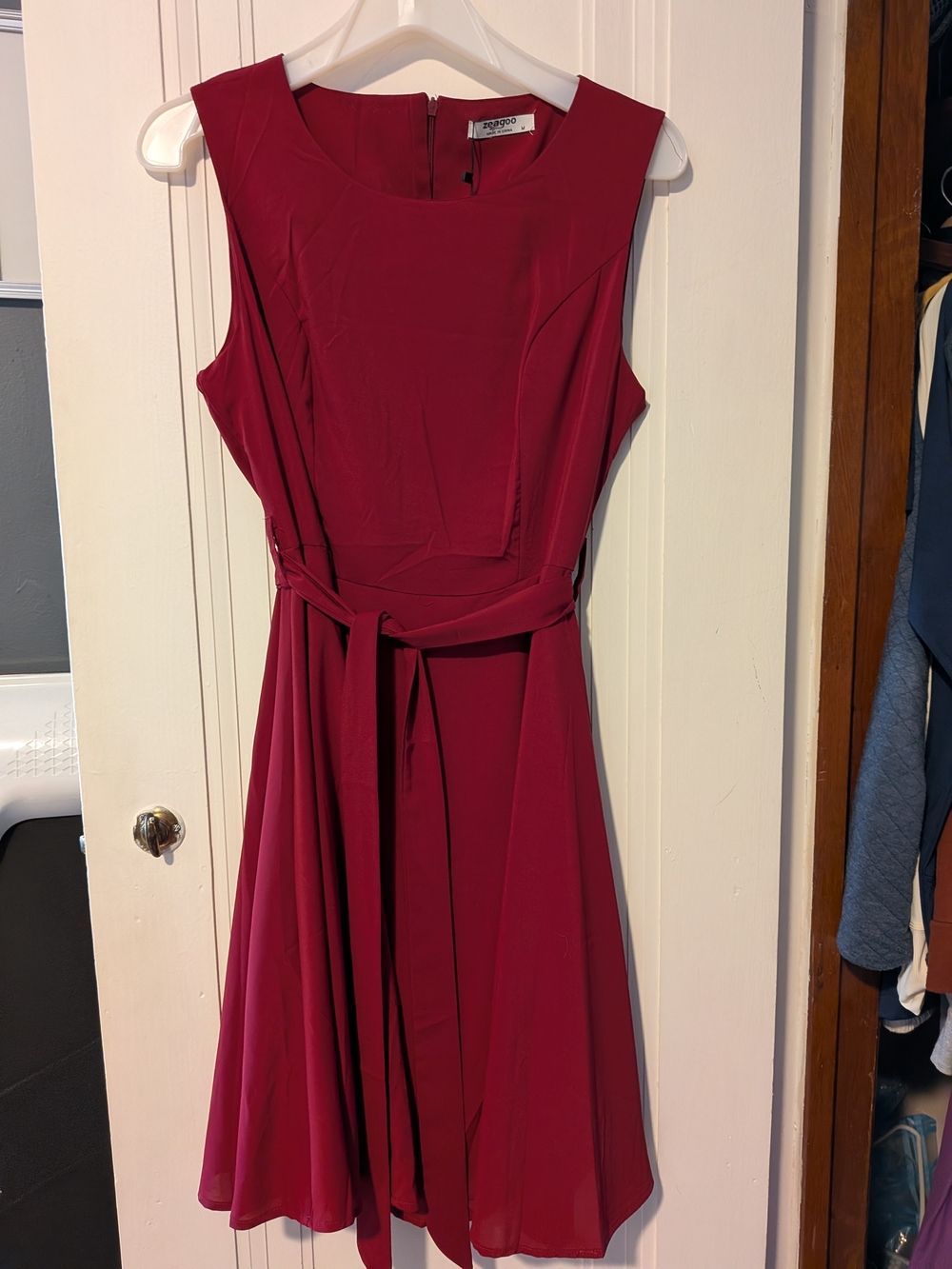 zeagoo Sleeveless Wine Red Midi Dress with Waist Tie
